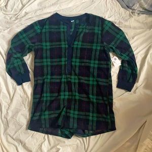 Long sleeve green and blue plaid fleece pajama romper, cold weather